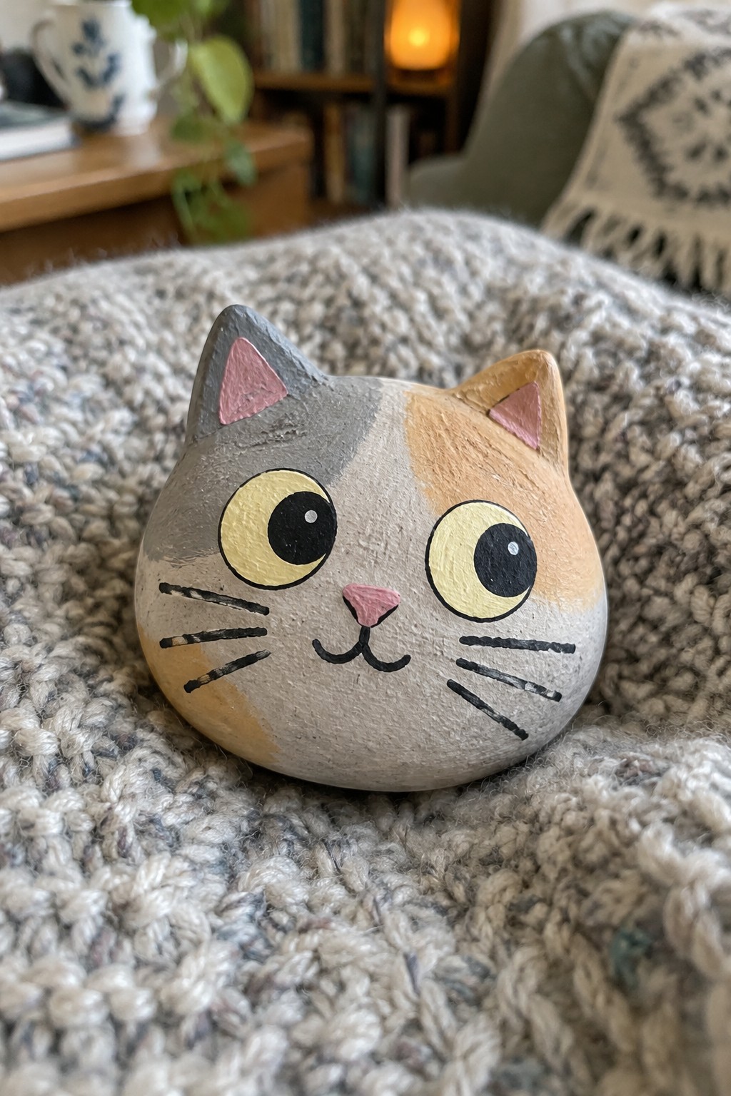 Hand-painted calico cat stone with yellow eyes on textured knit blanket