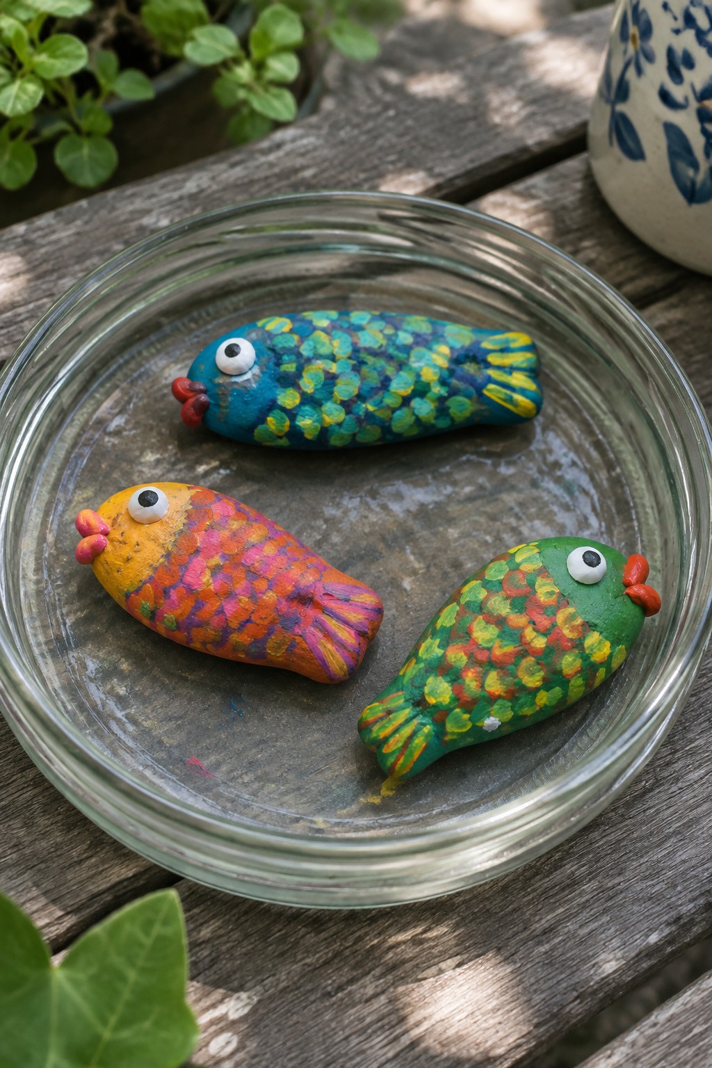 Three colorful painted fish figurines with eyes in a clear glass bowl on wood.