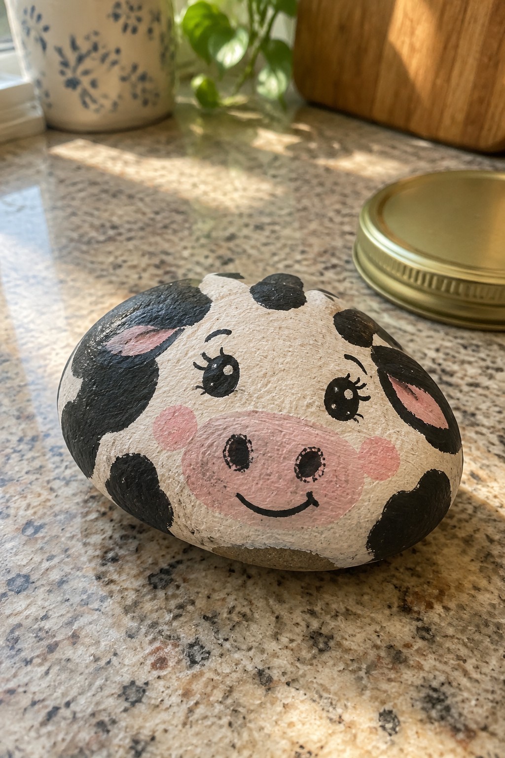 Hand-painted rock with cow face, black spots, pink snout and smiling expression on countertop