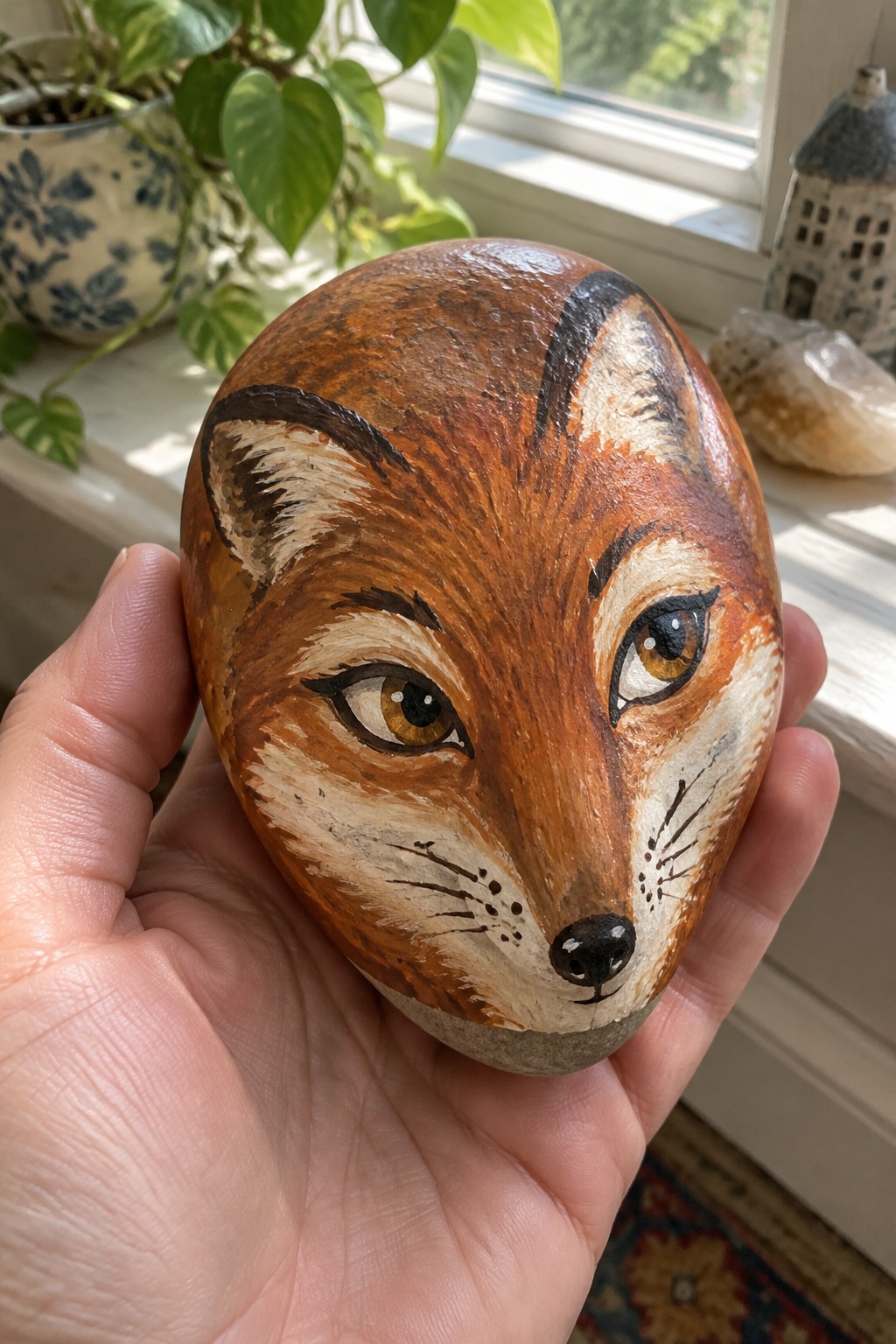 Hand holding painted fox rock with orange fur, white muzzle, and dark eyes.