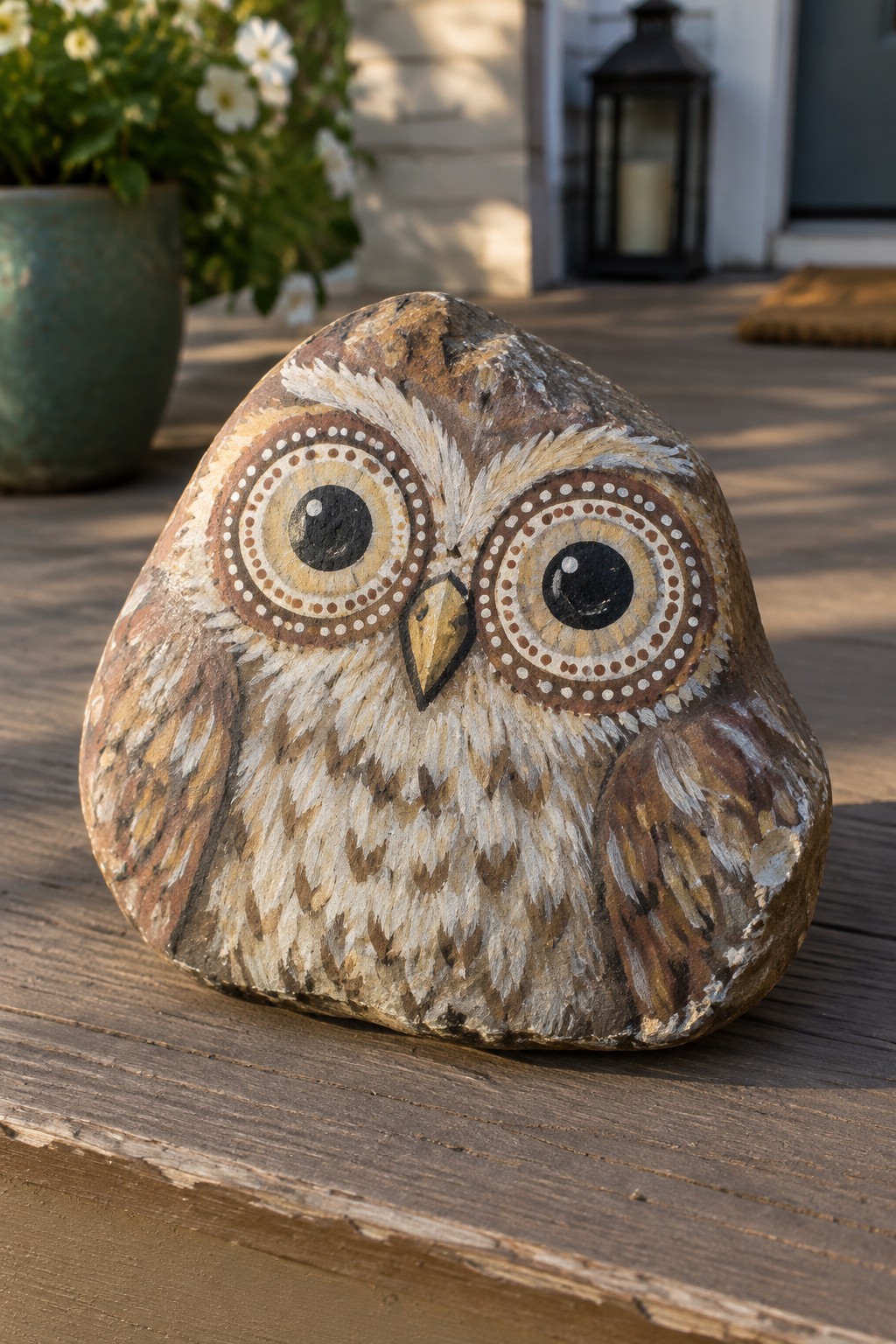 Painted rock owl with large eyes and brown-white feathers on wooden deck