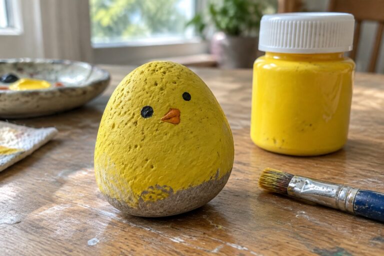 21 Cute Animal Rock Painting Ideas With Expressive Faces Yellow painted chick rock on wooden table beside yellow paint jar and brush