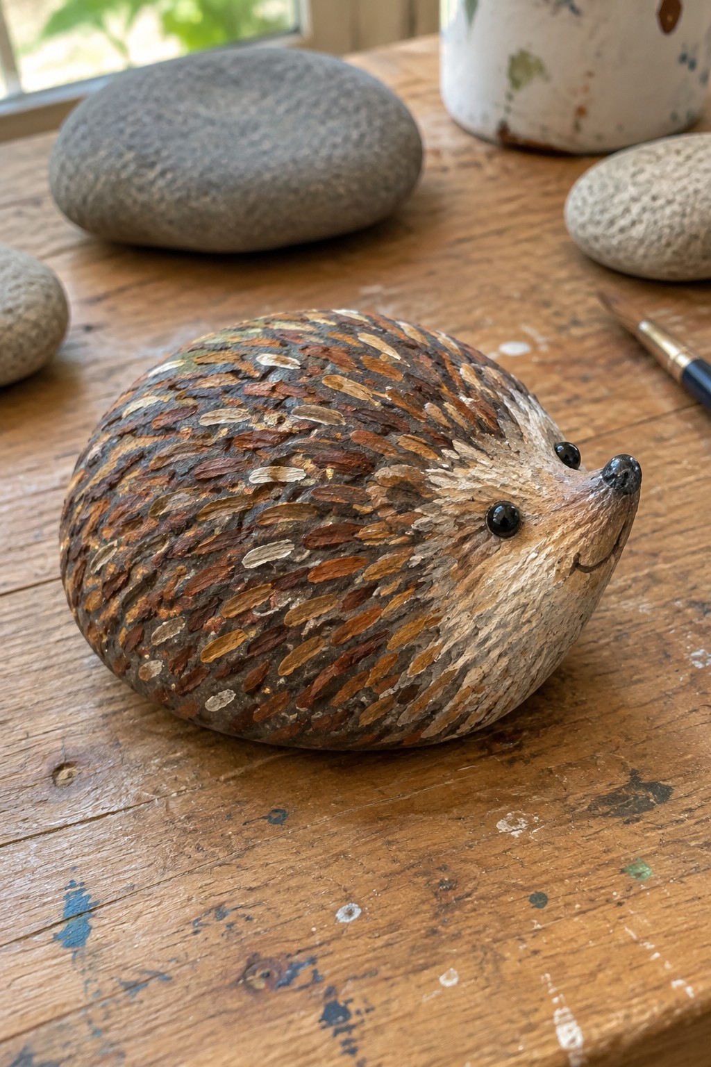 Painted stone hedgehog with layered brown and orange scales on wooden table