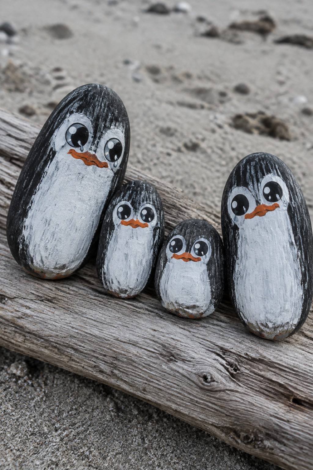 Four painted penguin rocks with big eyes and orange beaks on driftwood by sand