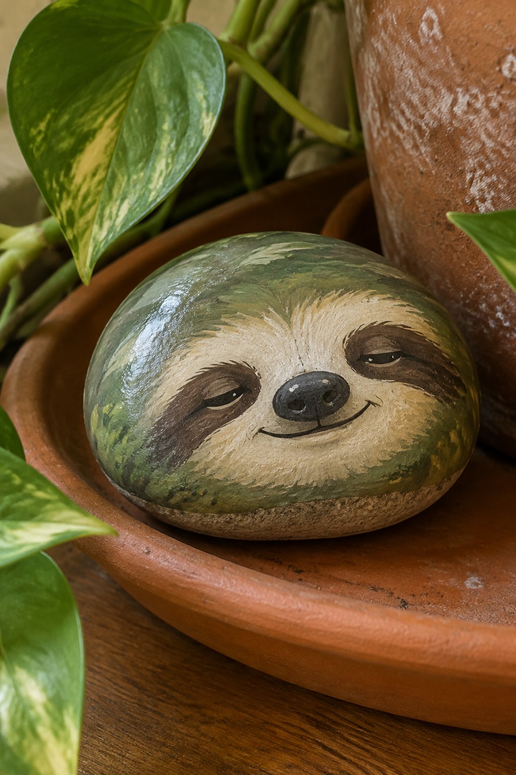 Painted sloth rock with green fur and smile rests in terracotta dish among plants