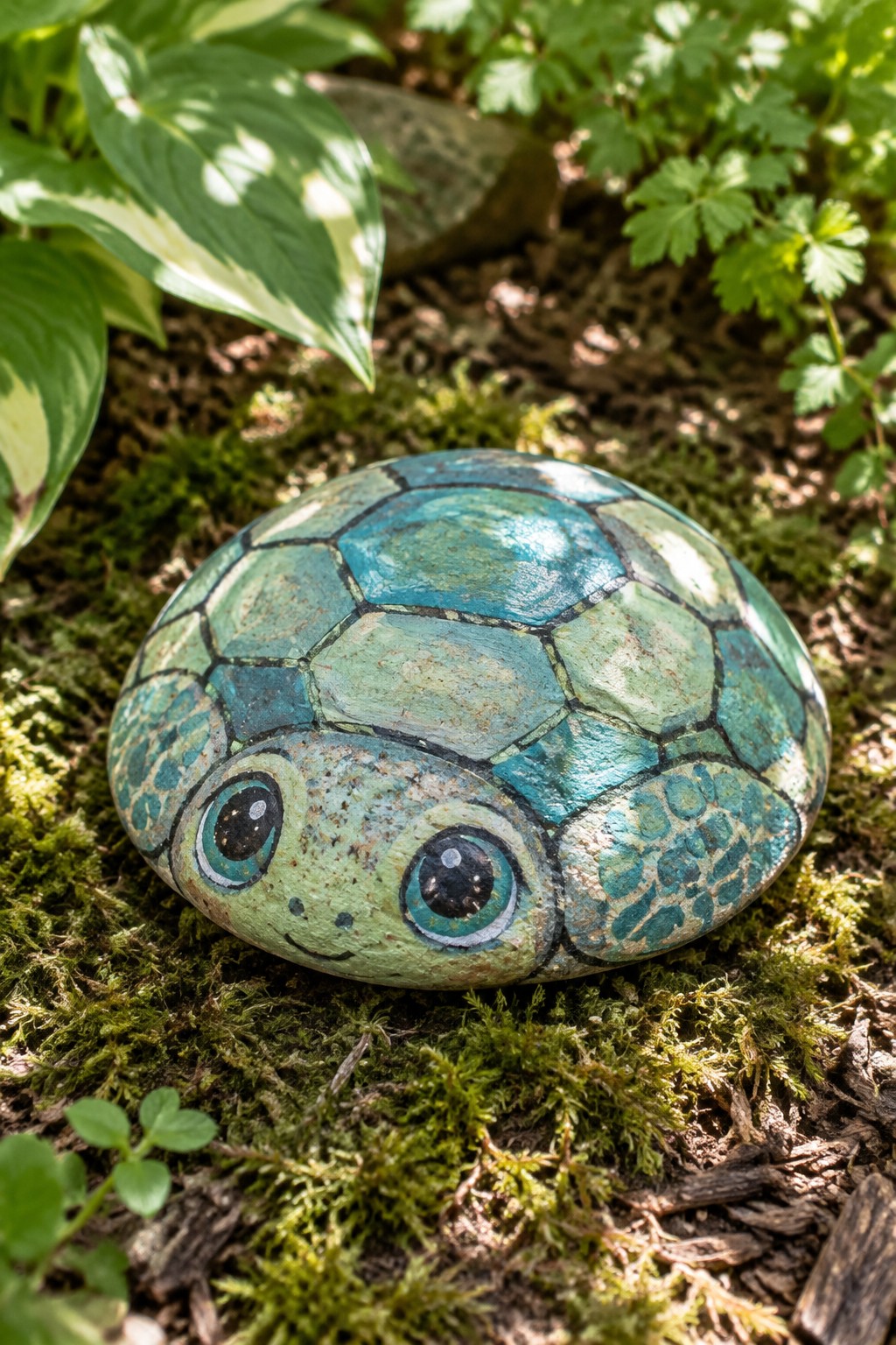Painted rock turtle with blue-green shell, big eyes, and smile on moss