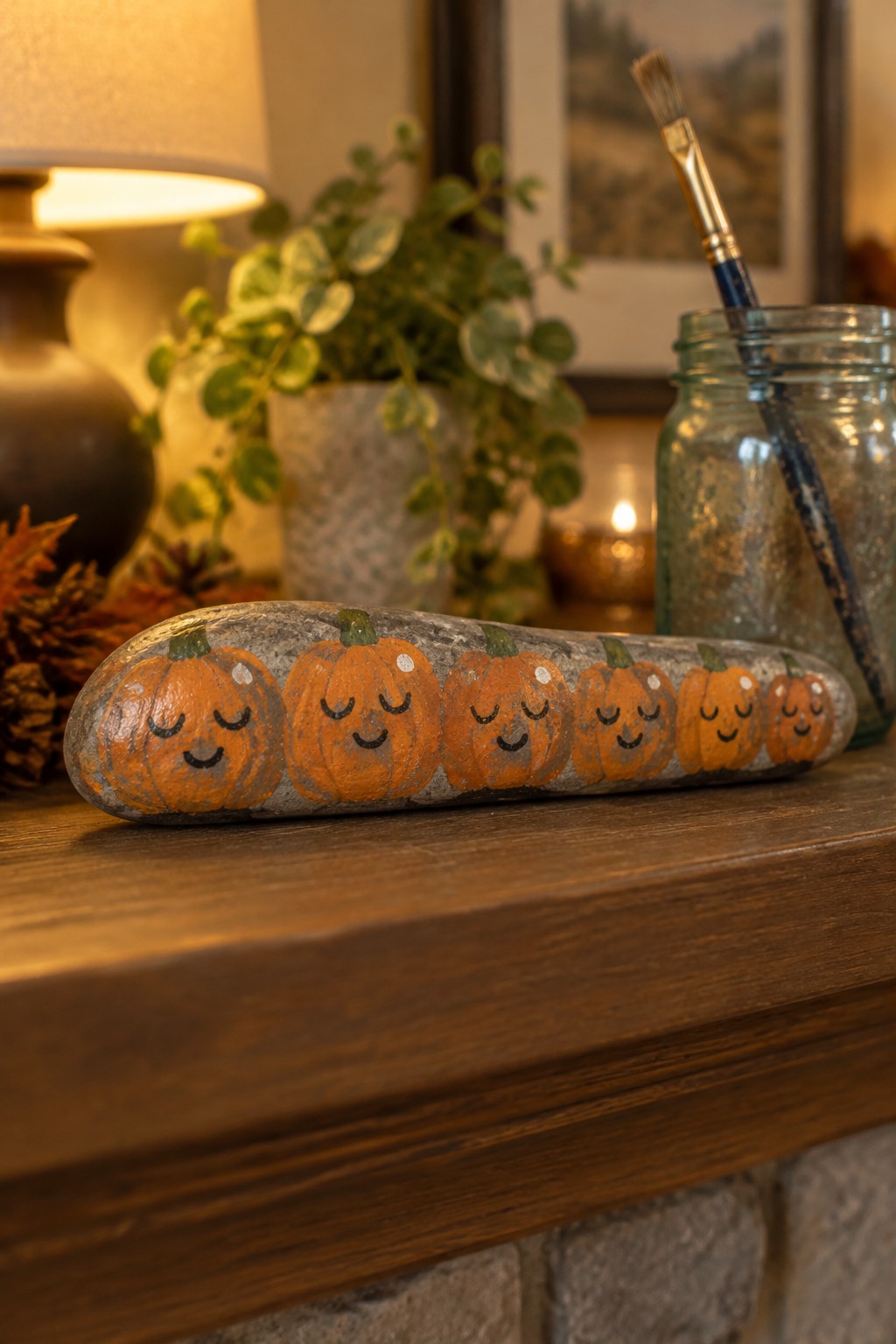Painted gray rock with seven smiling orange pumpkins on wooden mantel