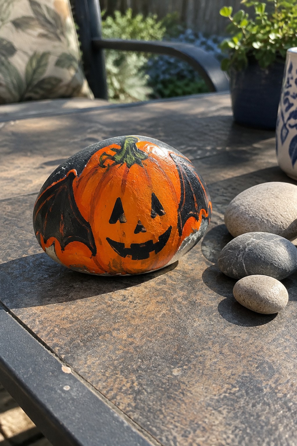 Orange pumpkin rock with black bat wings and jack-o'-lantern face on wooden table
