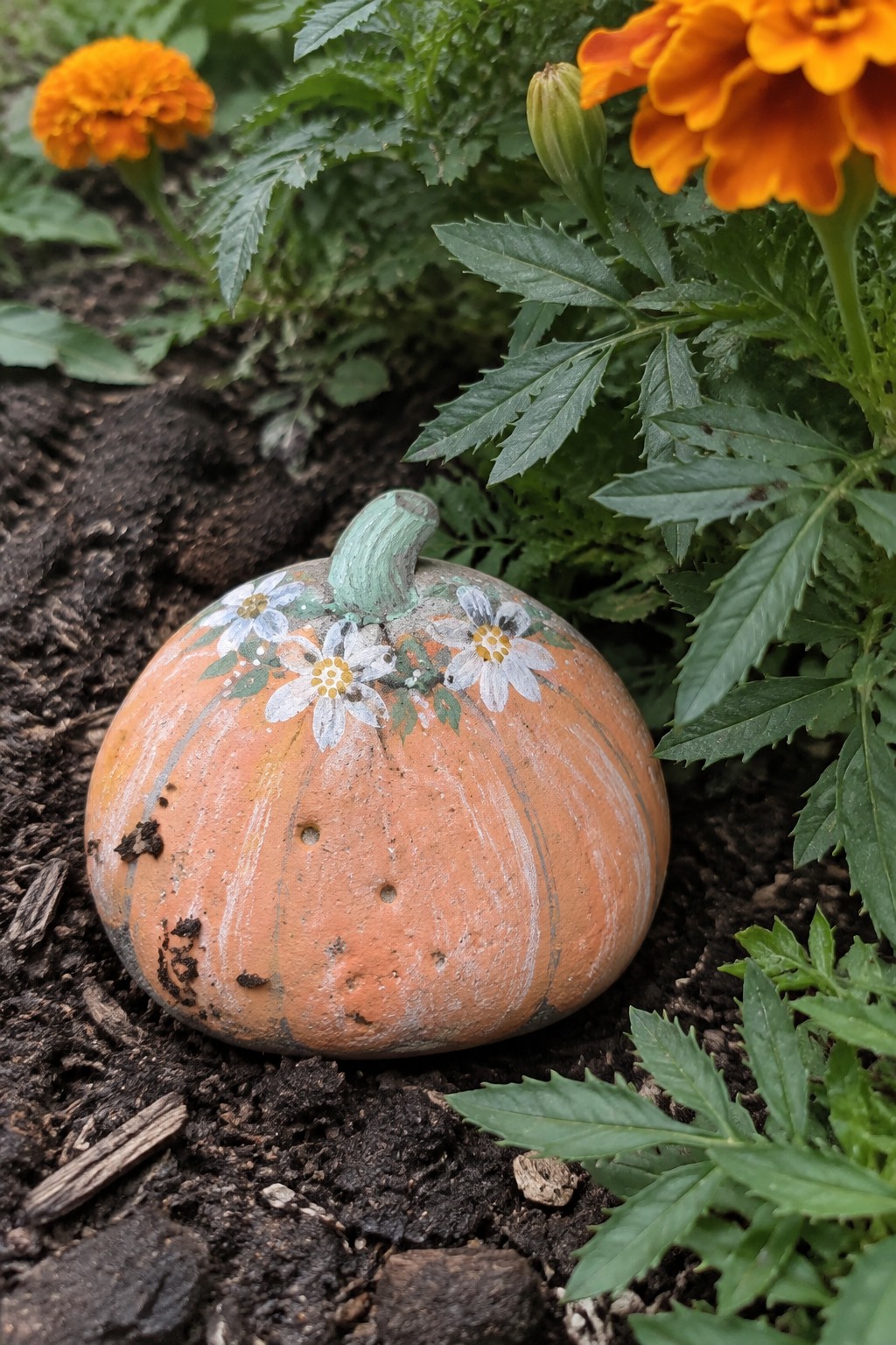 Orange pumpkin hand-painted with white daisies rests on garden soil near marigolds.