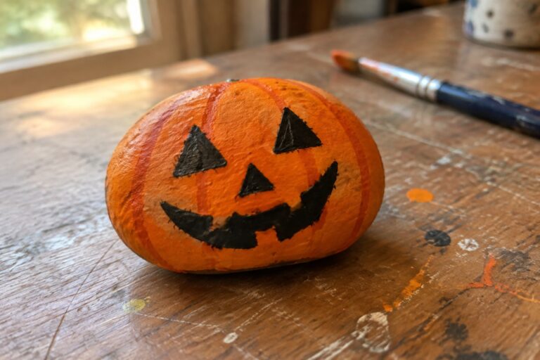 20 Cute Halloween Rock Painting Ideas With Playful Pumpkin Faces Orange rock painted as jack-o'-lantern with black eyes, nose, and mouth on wooden table