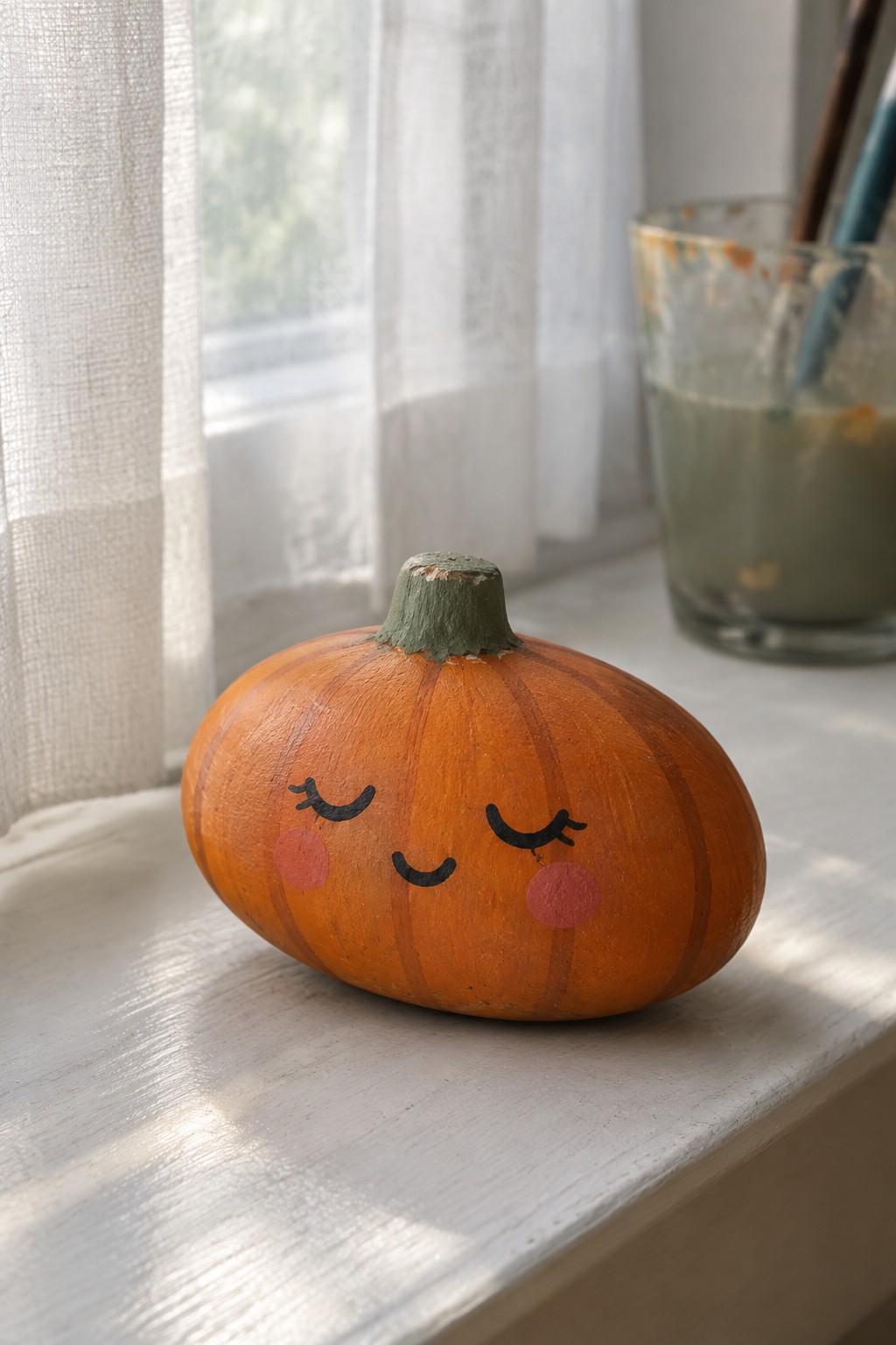 Orange pumpkin with cute closed-eye smile and pink cheeks on windowsill.