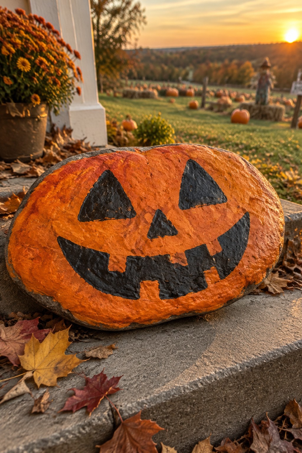 Painted jack-o'-lantern rock on steps amid autumn leaves at sunset