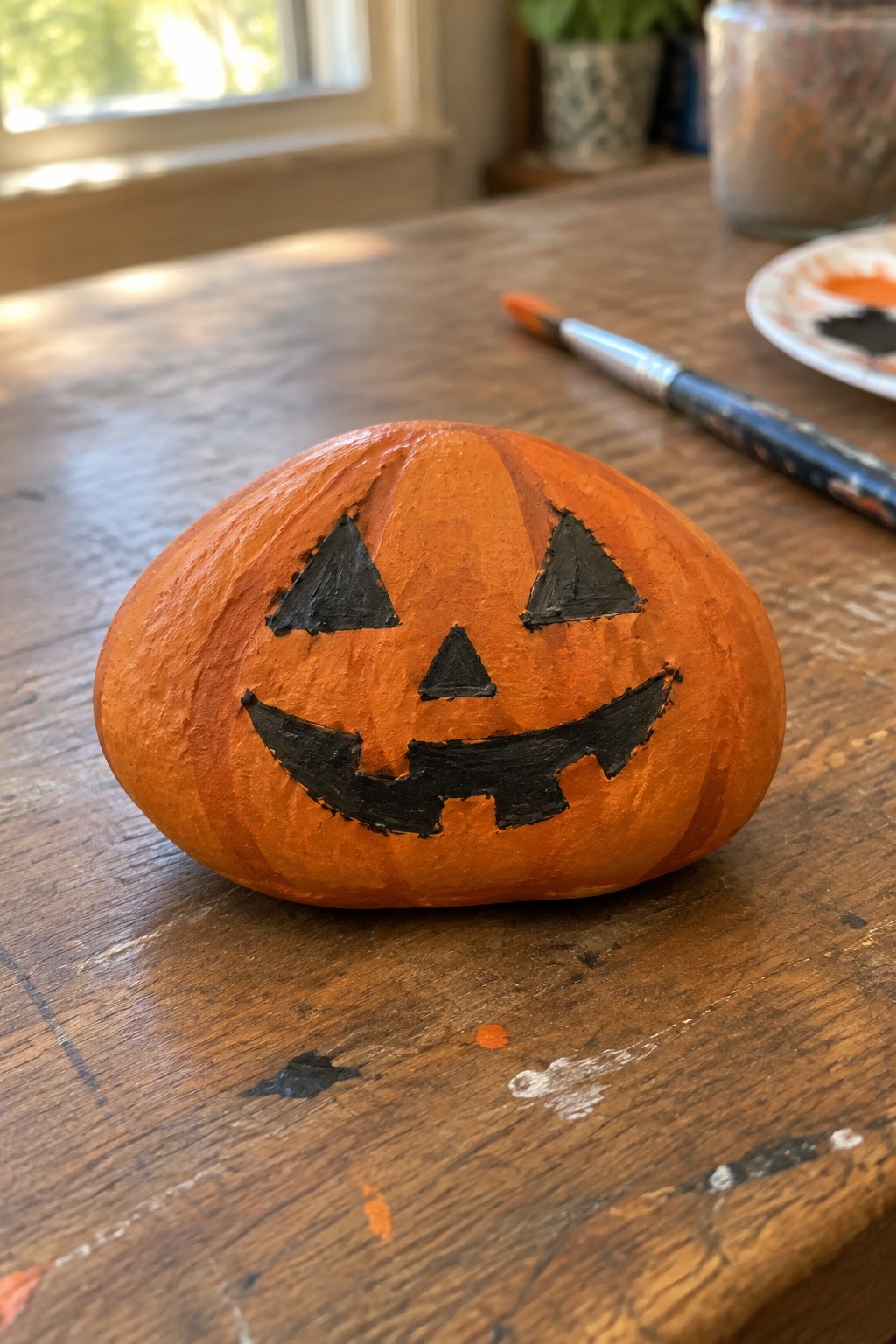 Orange rock painted as jack-o'-lantern with black eyes, nose, and mouth on wooden table