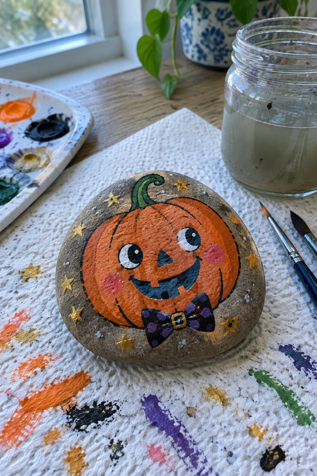 Painted pumpkin rock with bow tie and gold stars amid art supplies on table