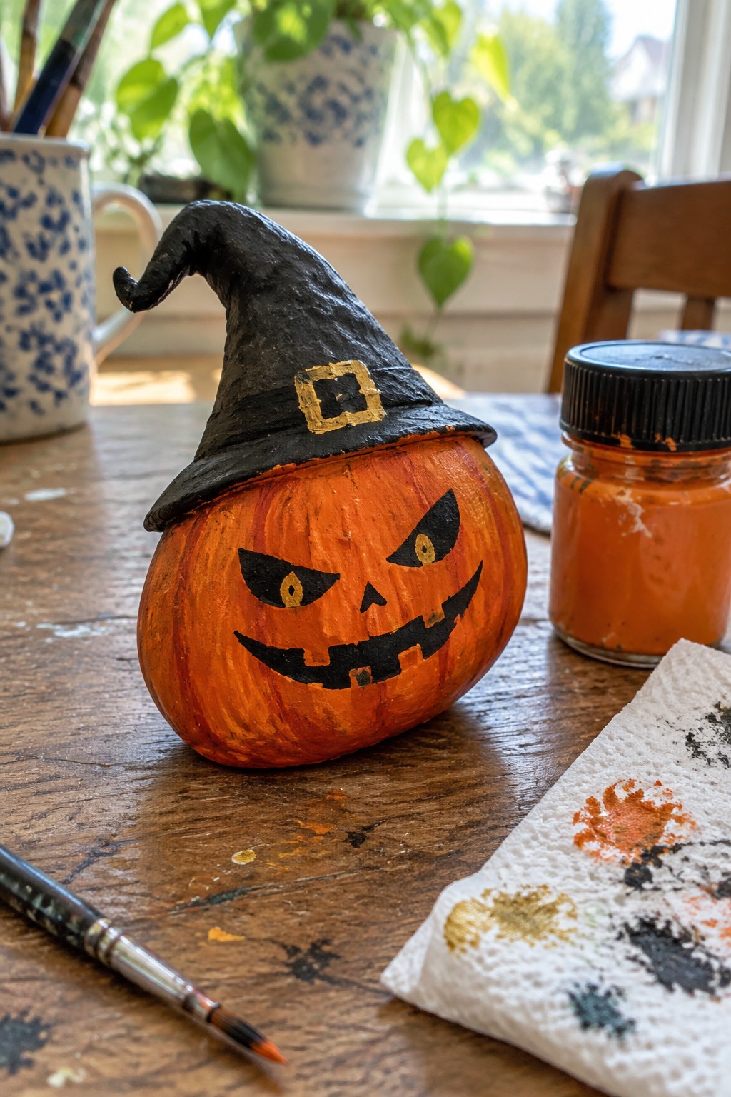 Painted orange jack-o'-lantern pumpkin with black witch hat on wooden table