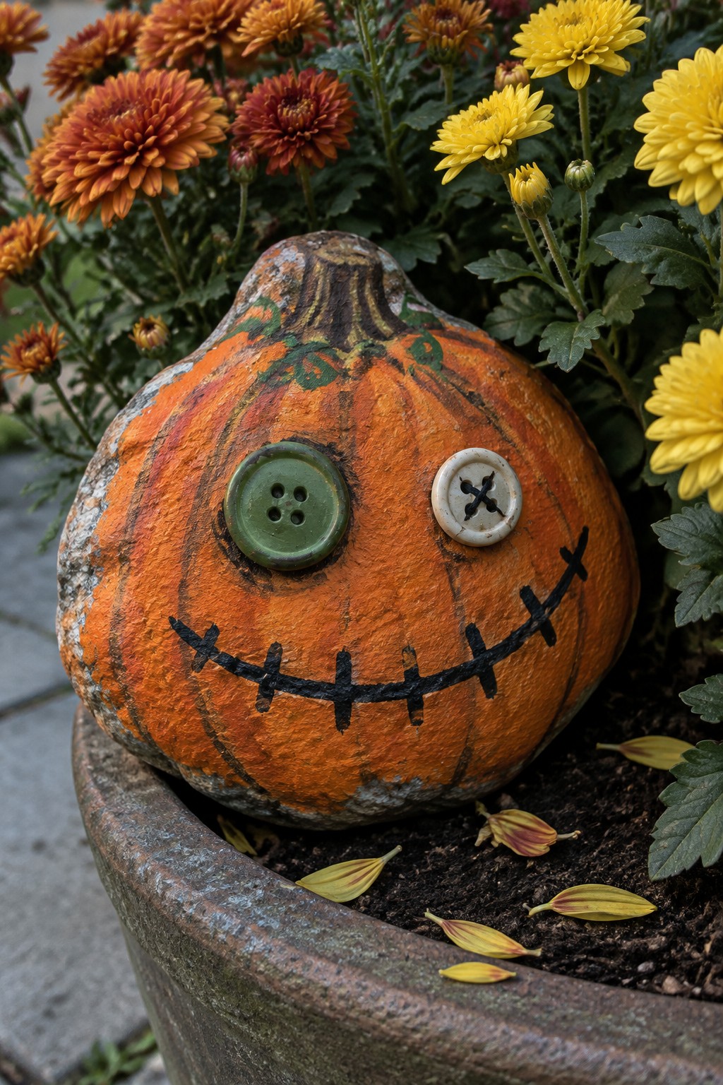 Painted pumpkin with button eyes and stitched mouth among yellow chrysanthemums