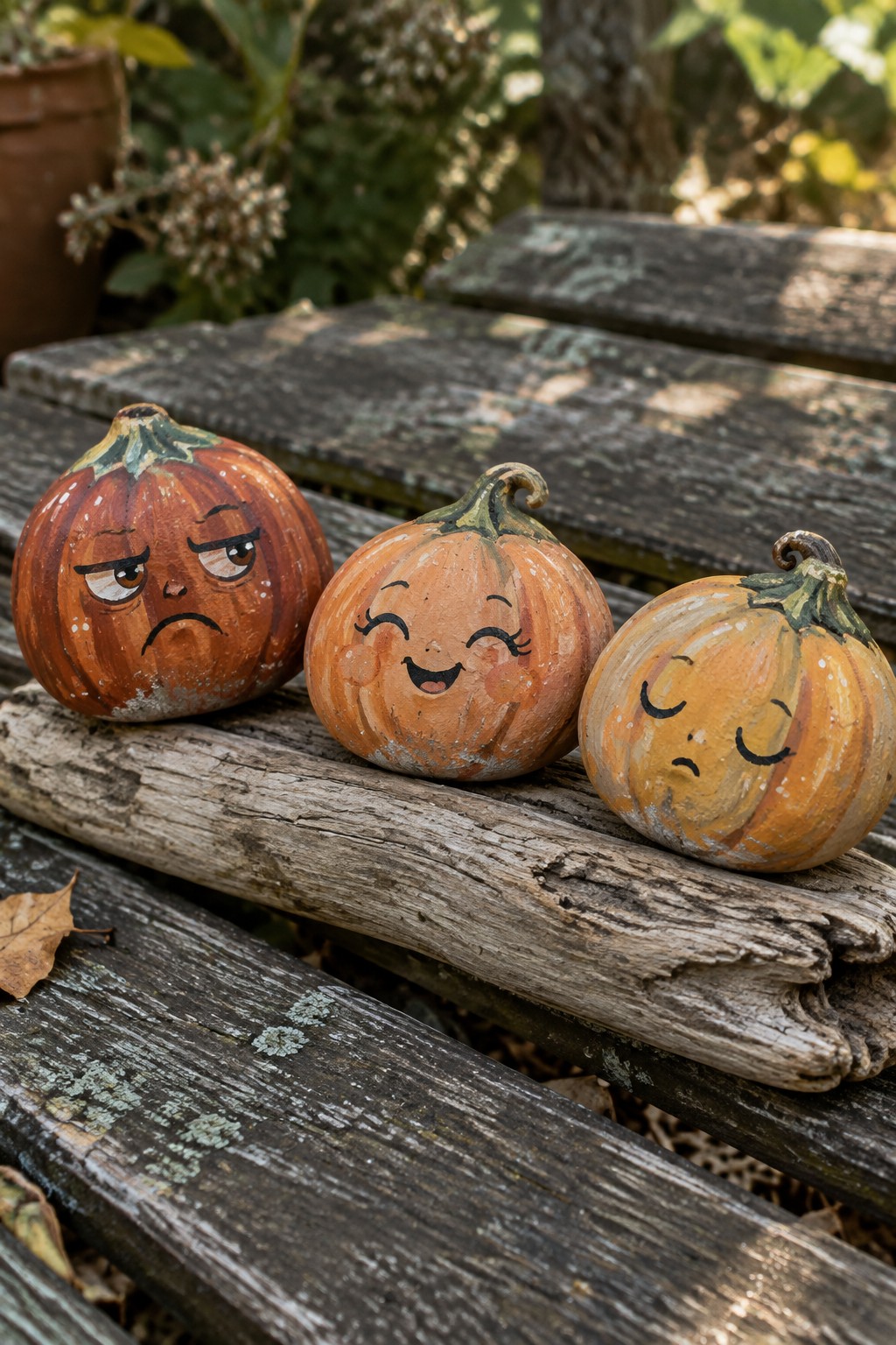 Three painted pumpkins with grumpy, happy, and sad faces on a wooden bench.