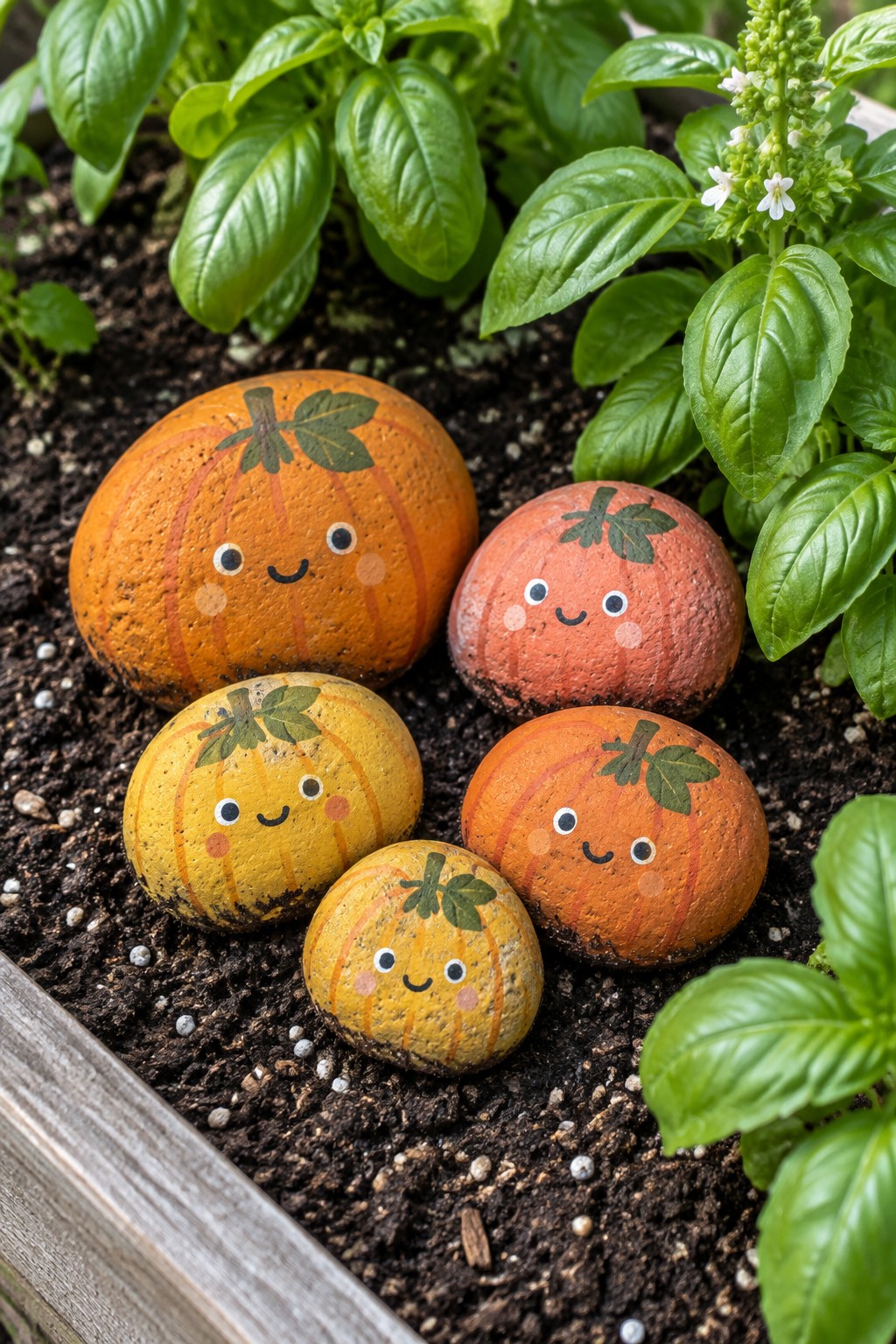 Five rounded rocks painted as pumpkins with faces sit in dark soil among green basil plants.