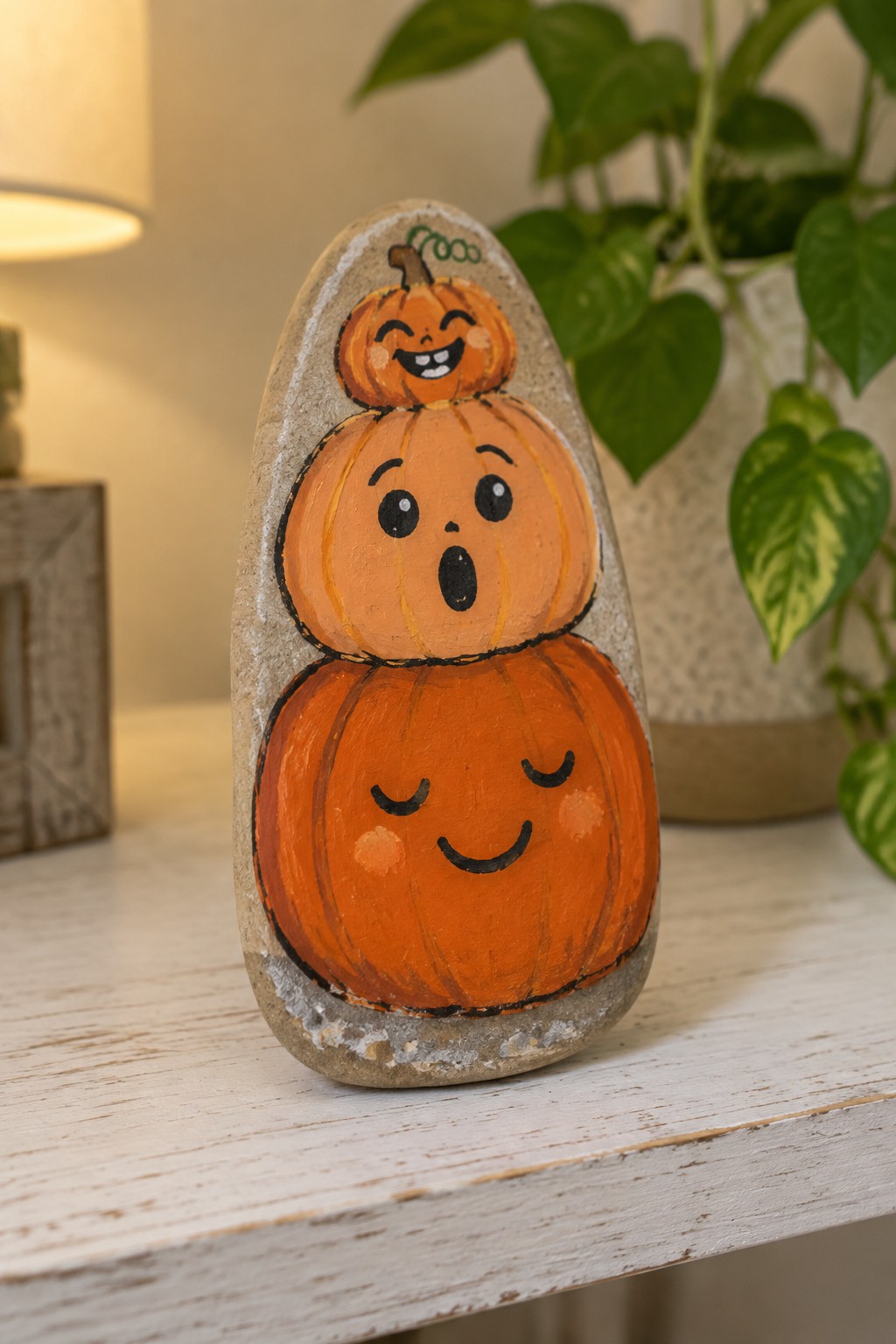 Gray rock painted with three stacked orange pumpkins showing cute faces