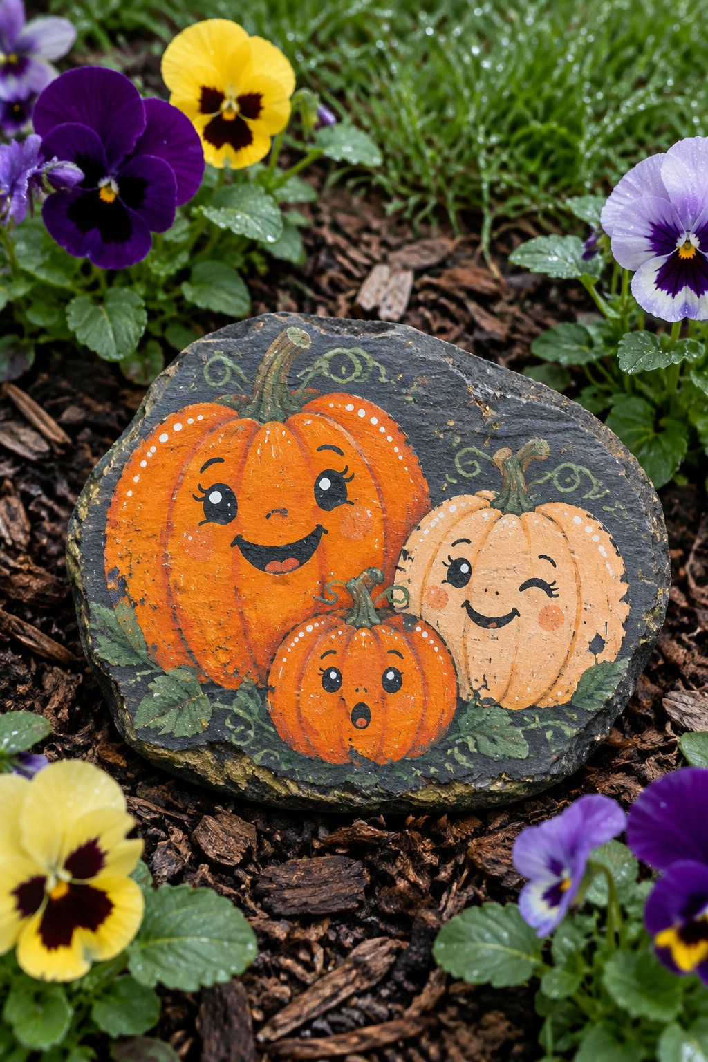 Painted rock with three cute pumpkins amid purple and yellow pansy flowers