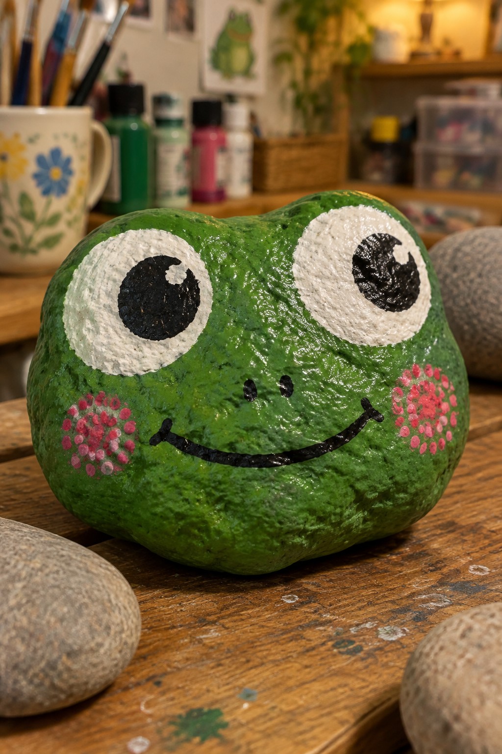 Green painted rock frog with large eyes, smile, and pink cheeks on wooden table
