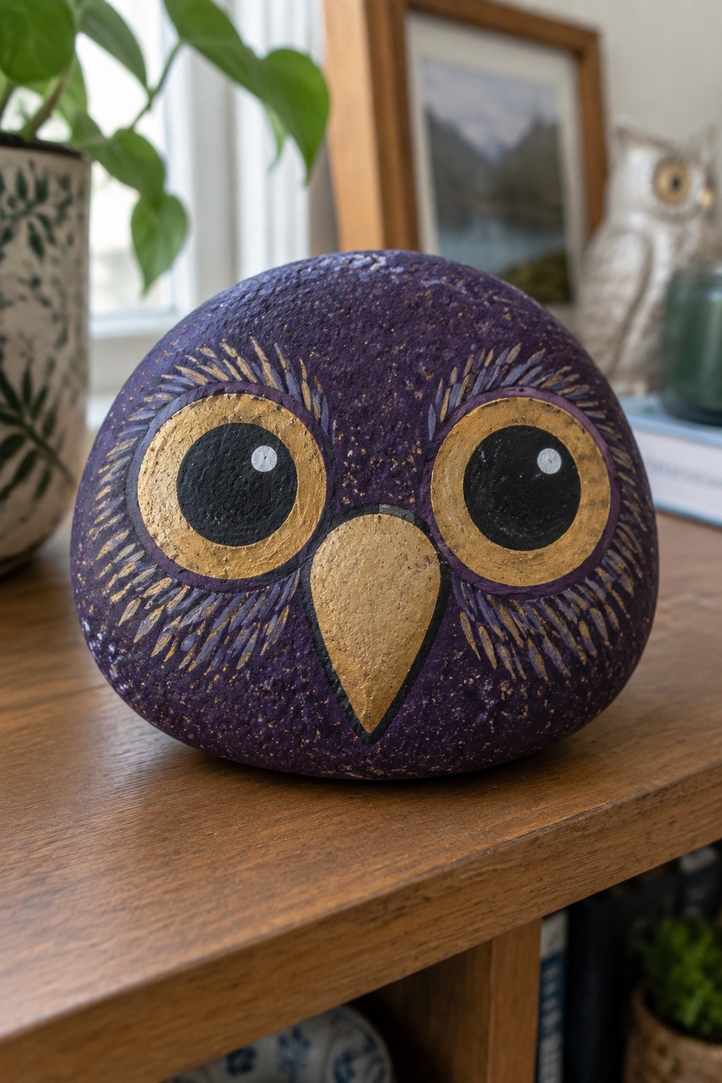 Purple painted rock owl with large gold eyes and triangular beak on wood
