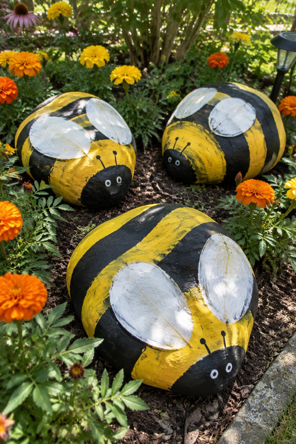 Three painted rocks as bumblebees with yellow-black stripes and white wings in a garden.