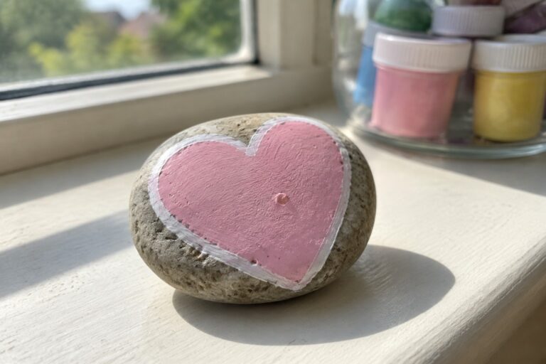 21 Cute Rock Painting Ideas for Kids With Large Simple Shapes Gray rock with pink heart and white outline on windowsill beside paint jars