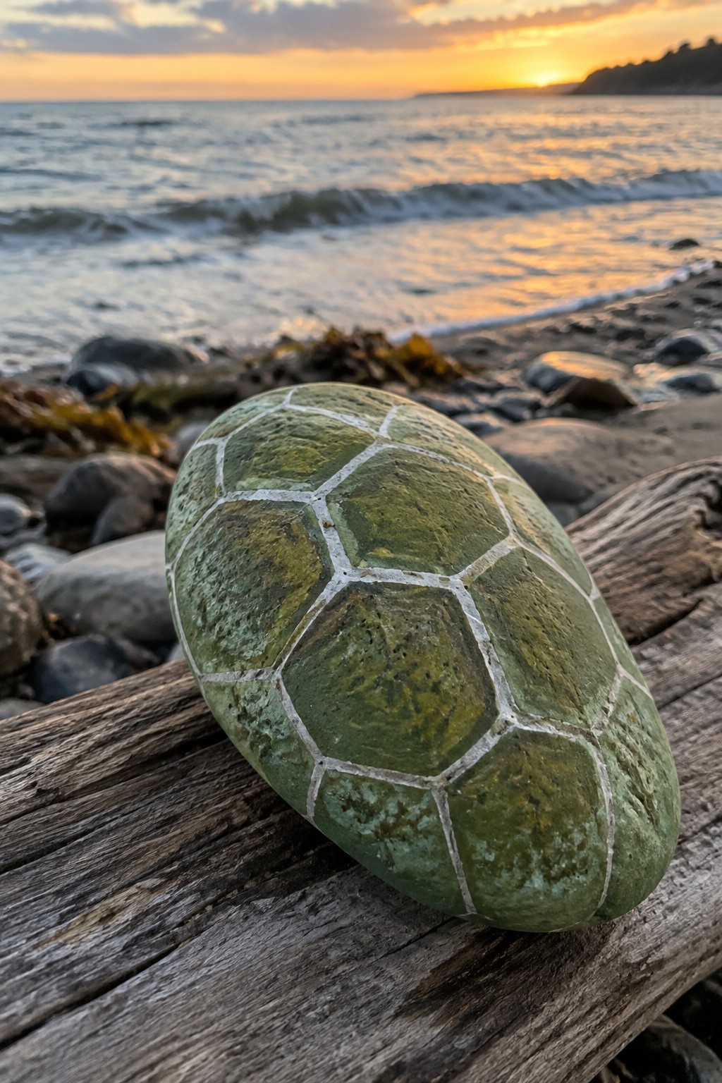 Green turtle-shell patterned stone on driftwood at sunset beach