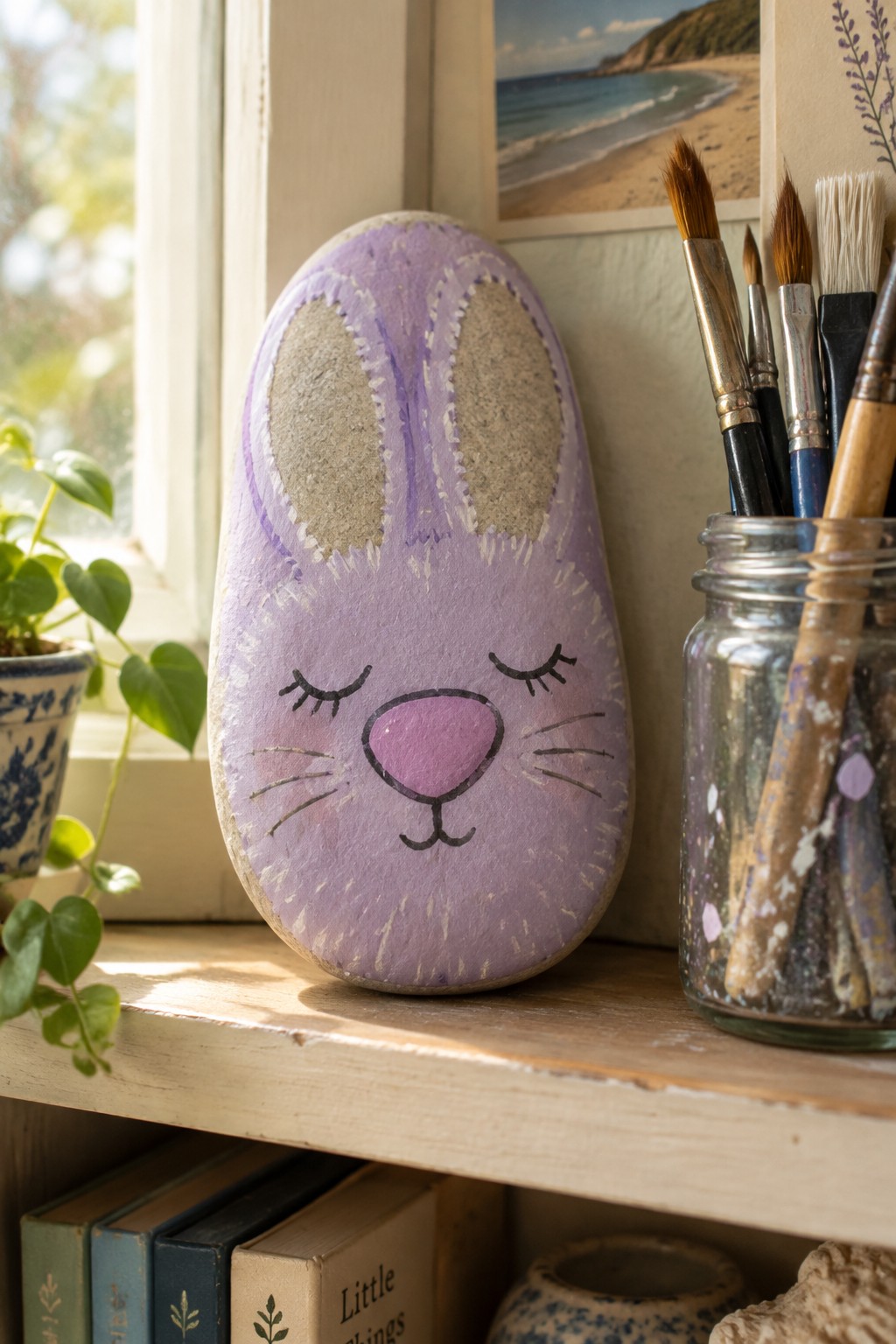 Purple bunny rock with pink nose on shelf beside paintbrushes and books
