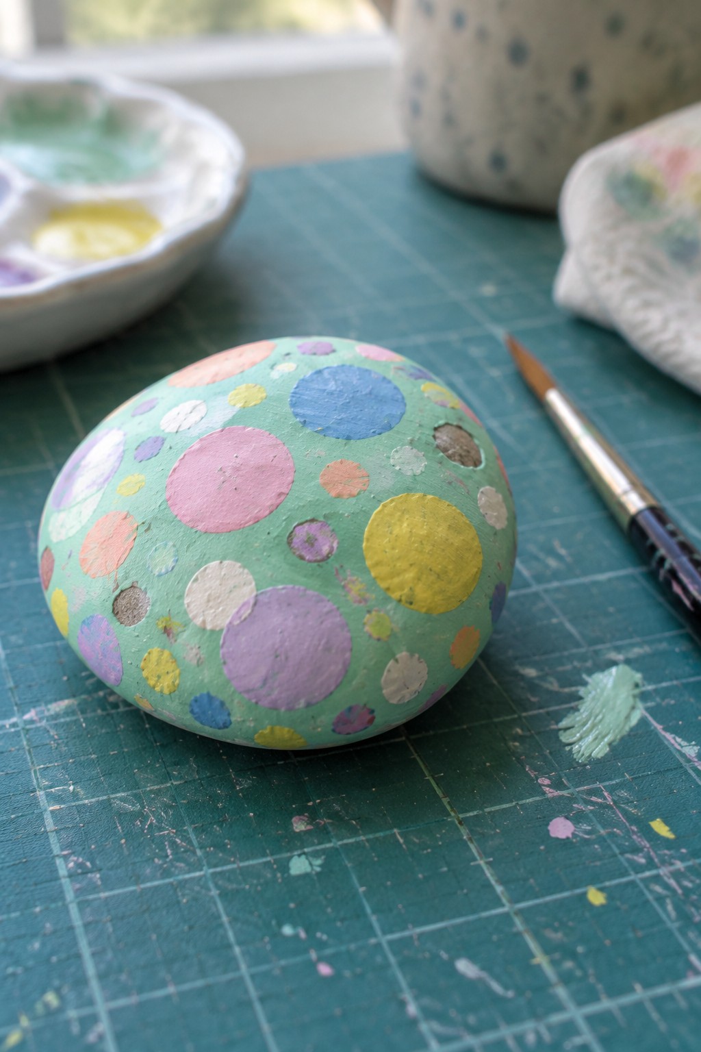 Painted turquoise rock with colorful polka dots on green gridded mat beside brush