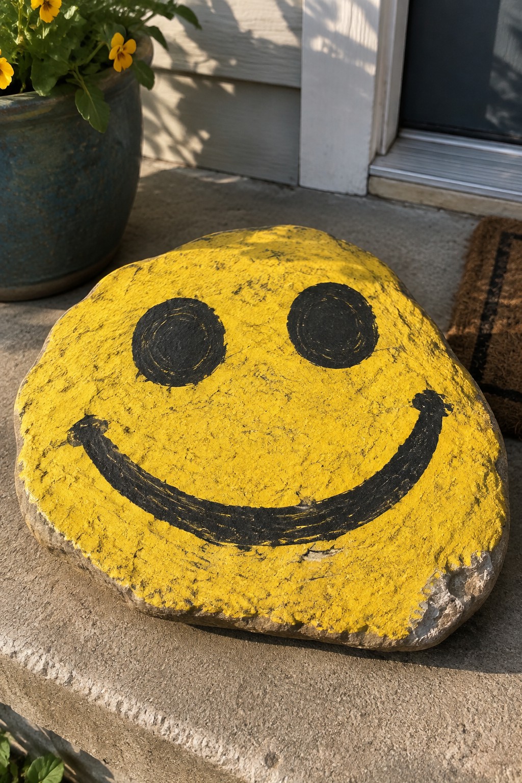 Yellow smiley face painted on large rock on concrete steps