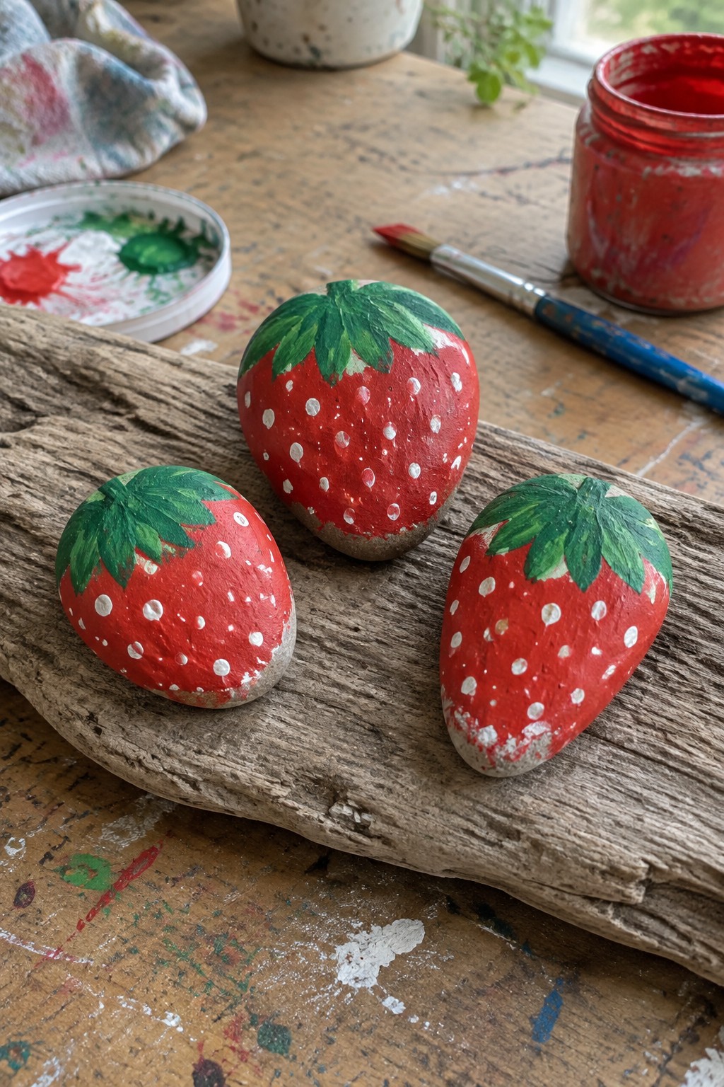 Three hand-painted strawberry rocks on wood beside red paint jar and brush