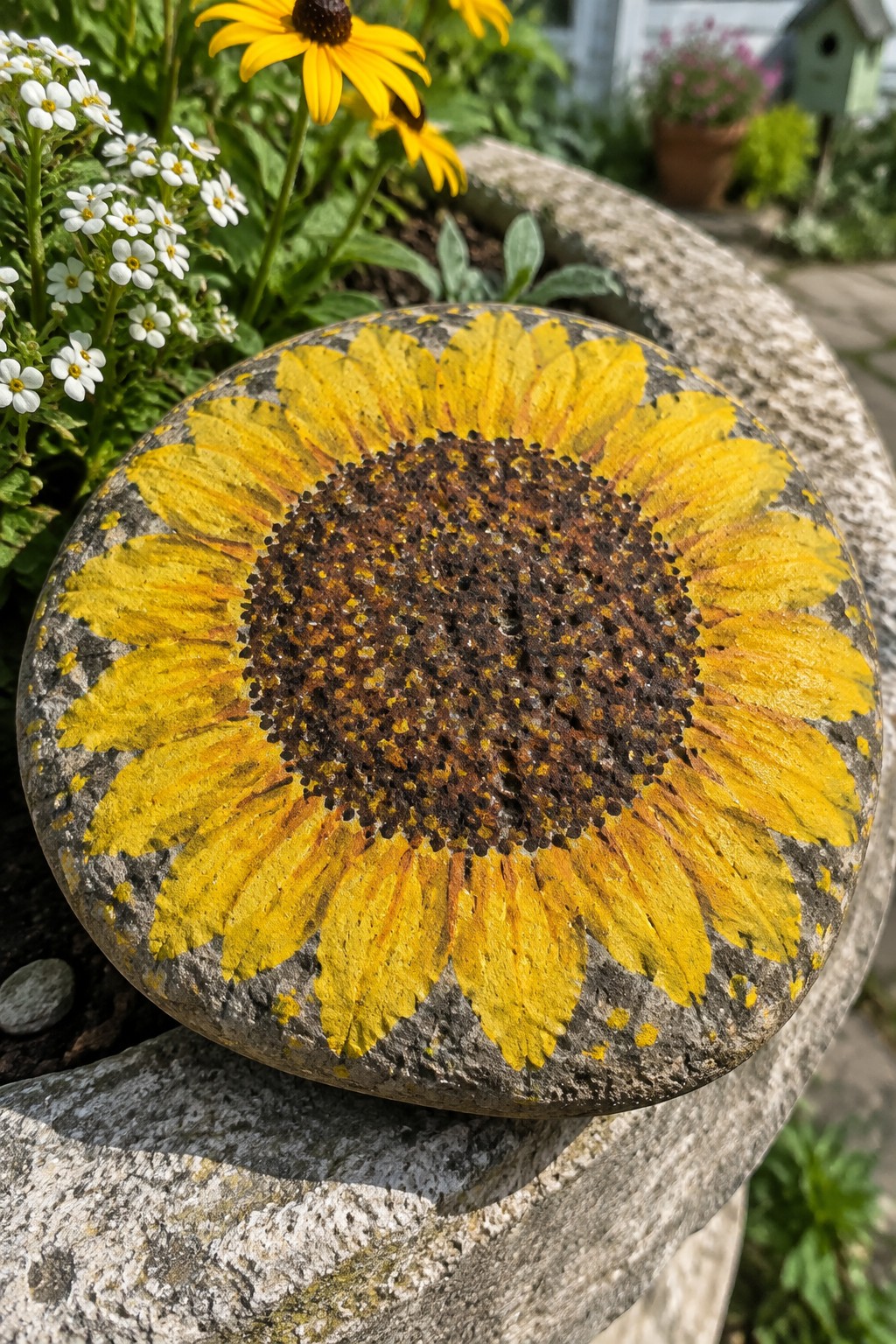 Sunflower painted on round stone amid garden flowers and concrete border.
