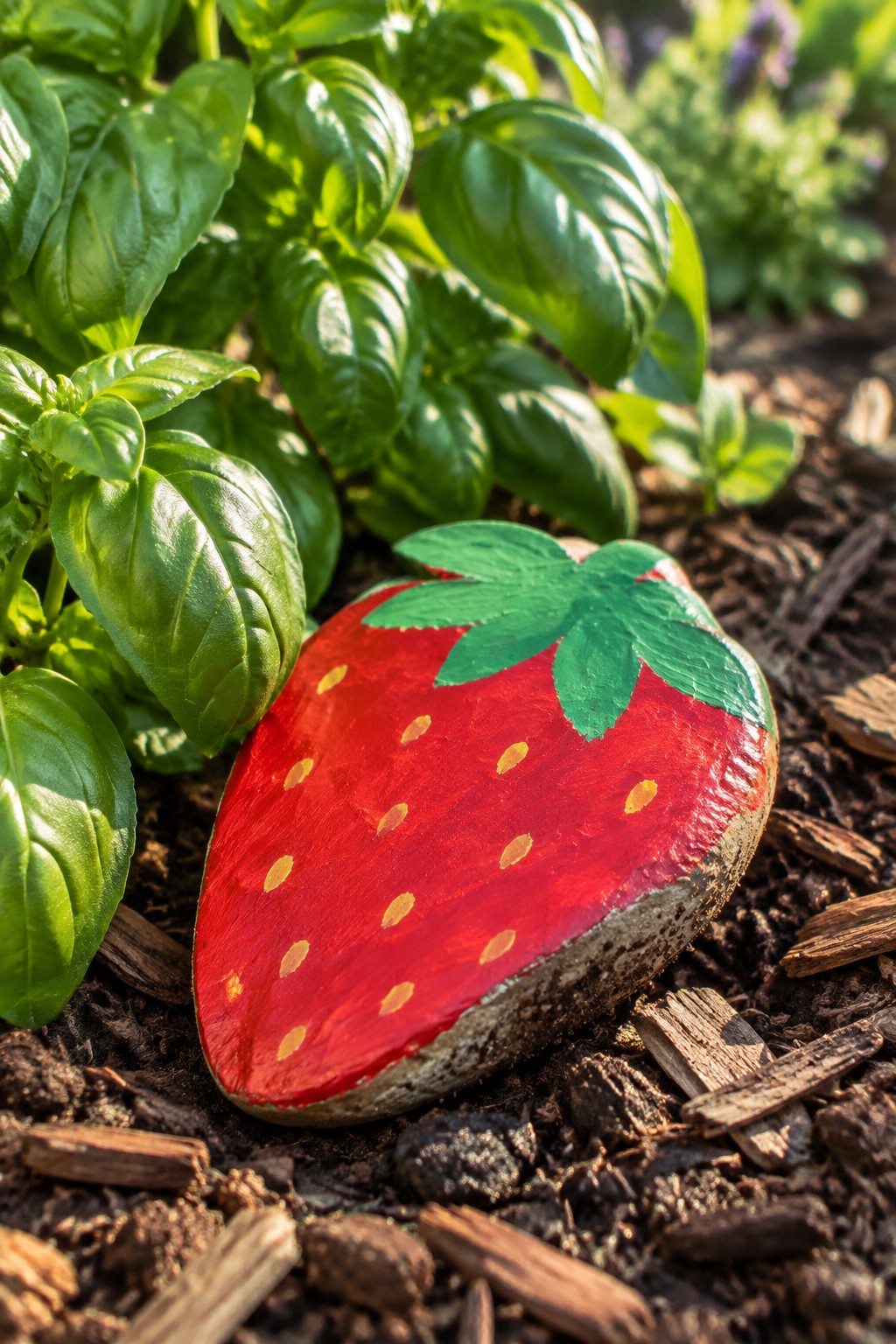 Painted red strawberry rock with yellow seeds and green leaves on garden soil