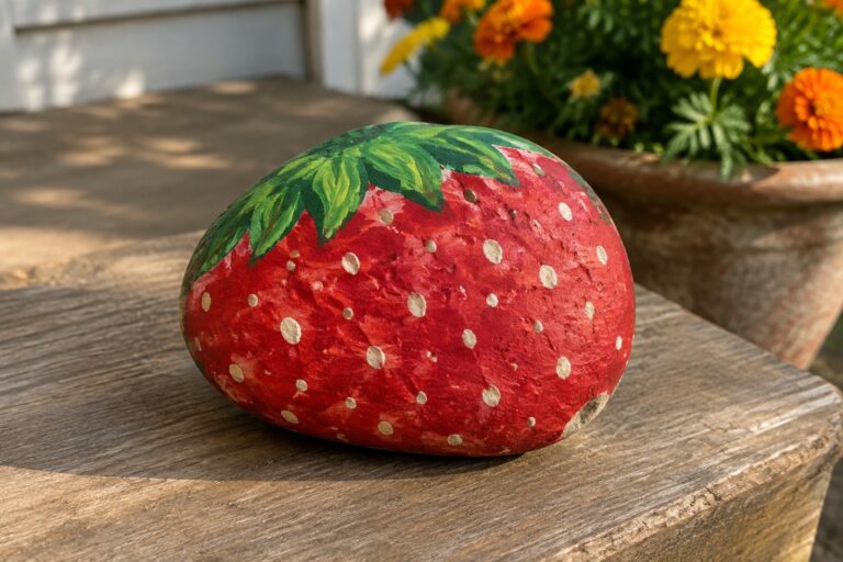 21 Easy Rock Painting Ideas Featuring Strawberries and Watermelon Red strawberry painted rock with white seeds and green leaves on wooden deck