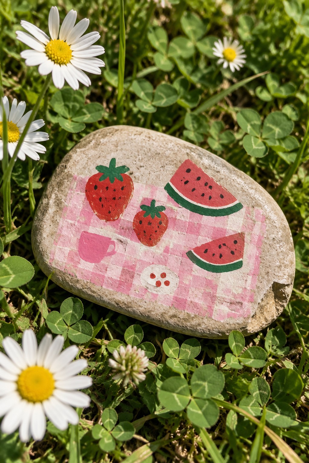 Painted rock with strawberries and watermelon on pink gingham amid daisies and clover