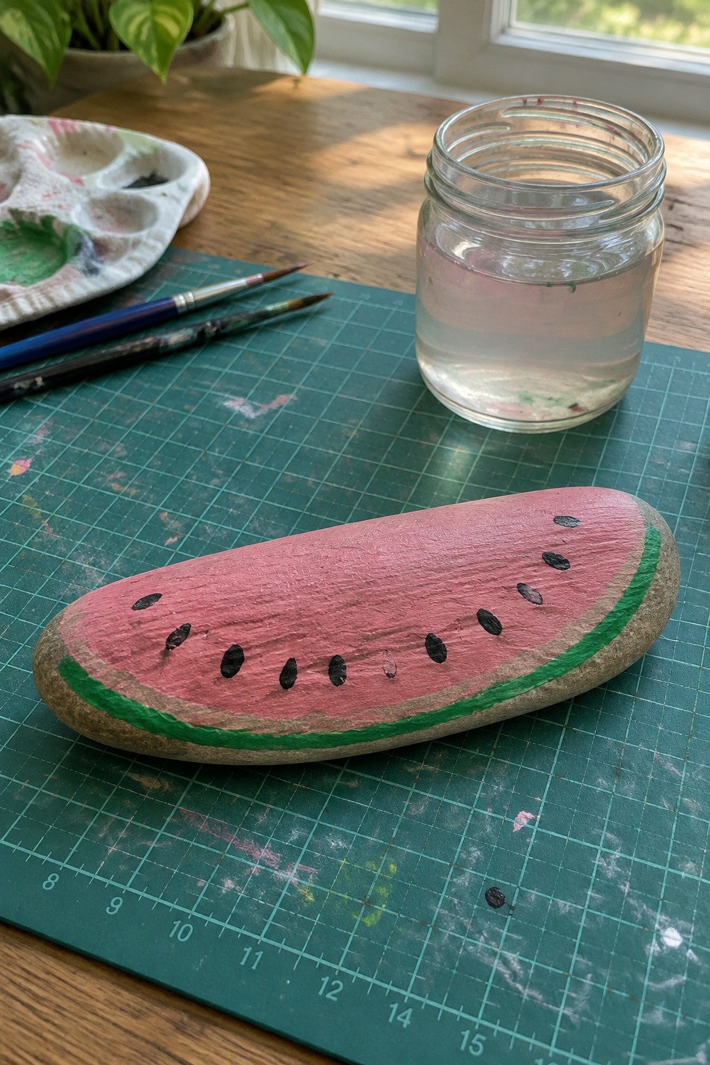 Watermelon-painted rock on green mat with brushes, palette, and water jar