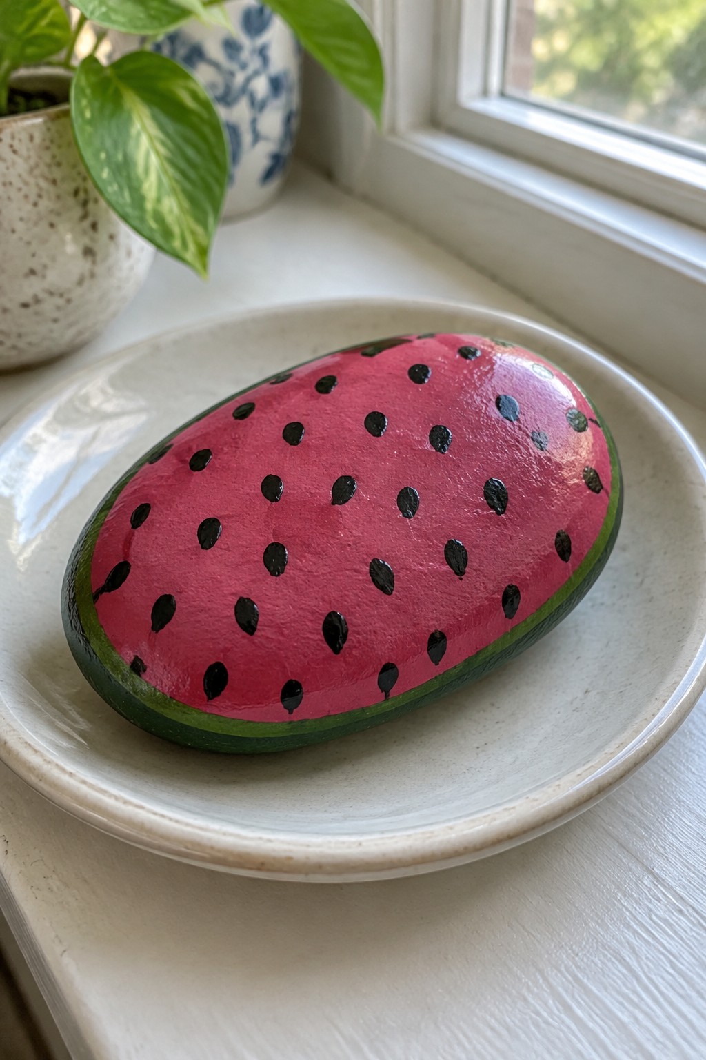 Watermelon-painted rock on white plate beside potted plant on windowsill.