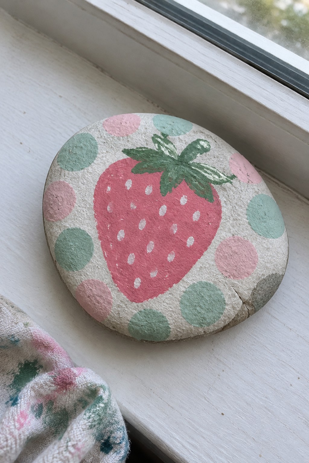 Painted rock with pink strawberry and green-pink polka dots on white windowsill