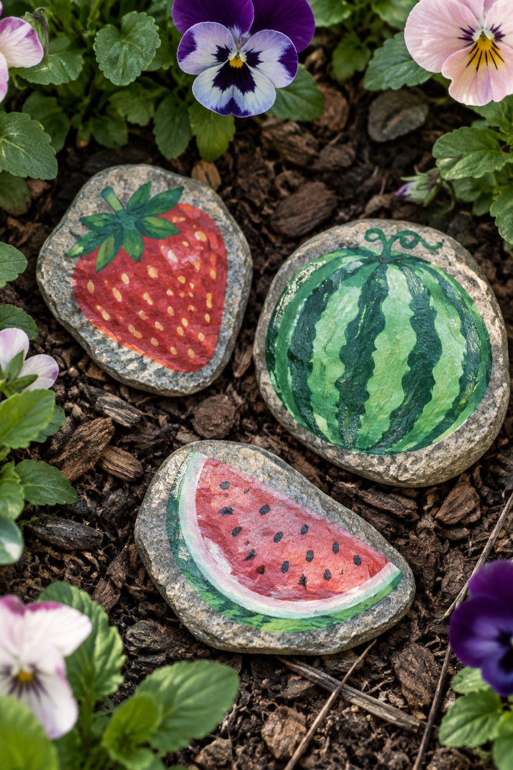 Three painted rocks with strawberry and watermelon designs amid purple and pink pansies in soil.