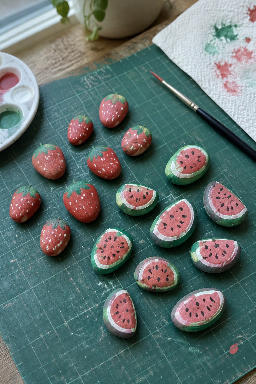 Small rocks painted as strawberries and watermelon slices arranged on a green cutting mat with paint supplies nearby.