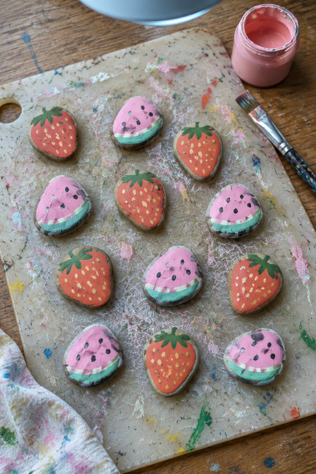 Painted strawberry and watermelon rocks on splattered board with pink paint jar and brush.