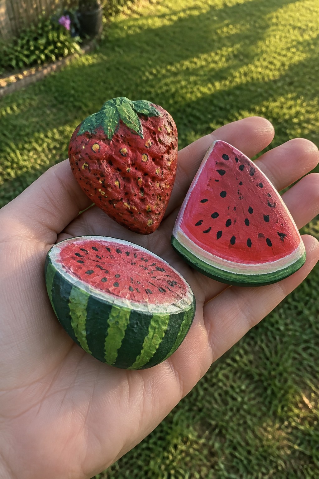 Hand holding painted rocks resembling a strawberry and two watermelon slices.