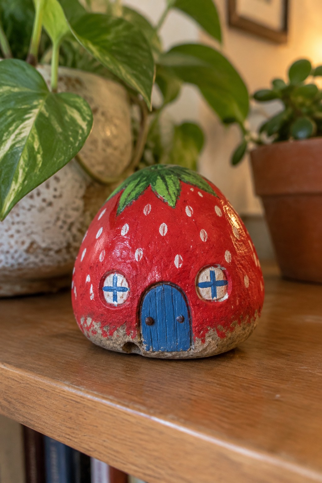 Red strawberry house figurine with blue door, windows, and green leaves on shelf