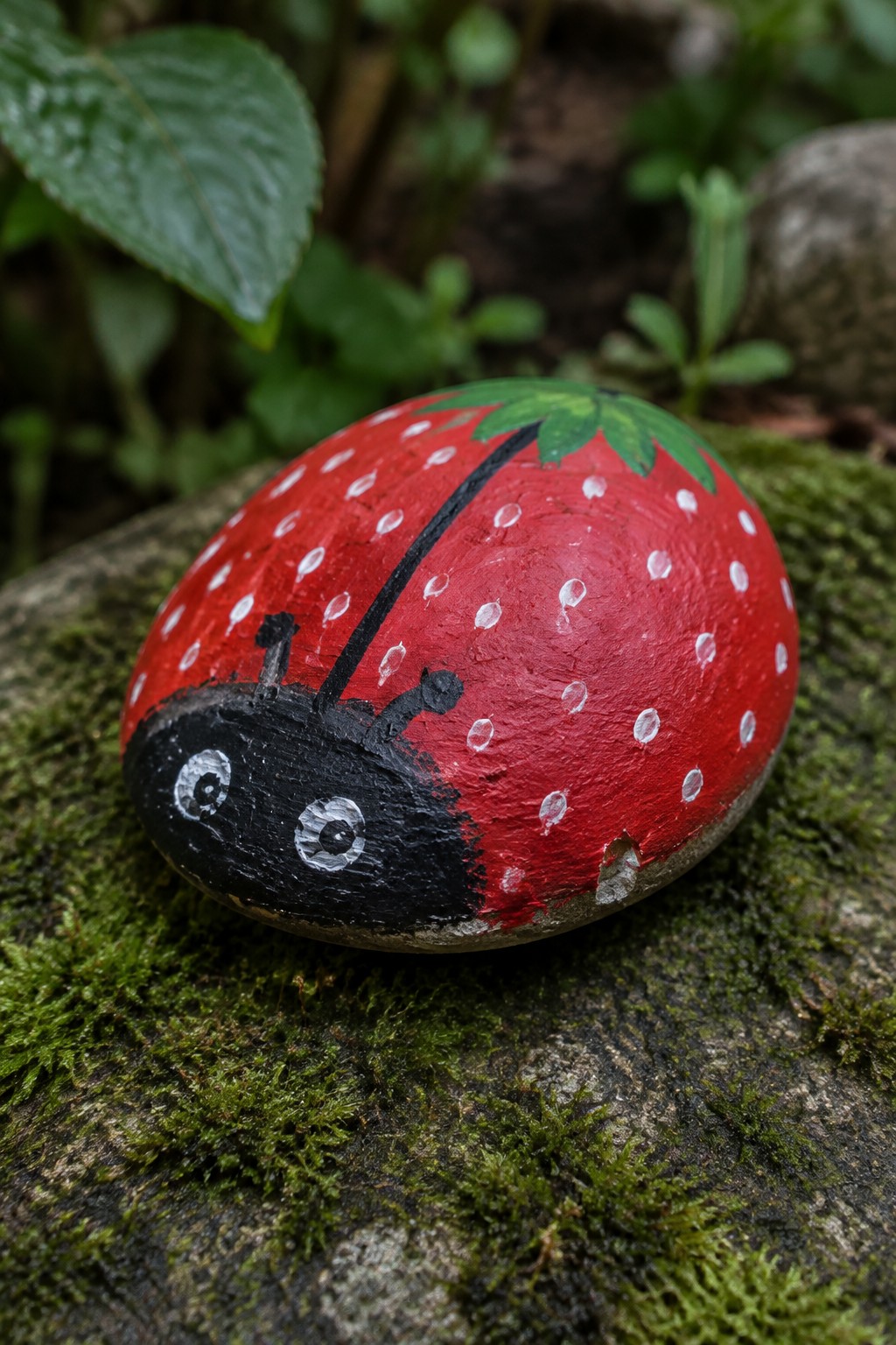 Painted red rock ladybug with white dots, black head, green leaves on moss.
