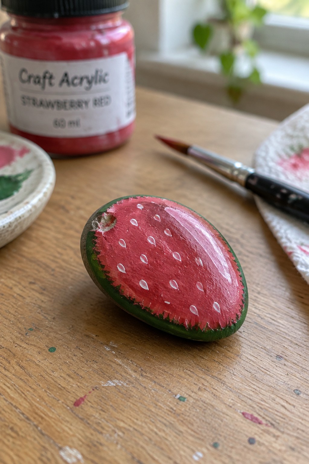 Strawberry-painted rock on wooden table beside red acrylic paint jar and brush