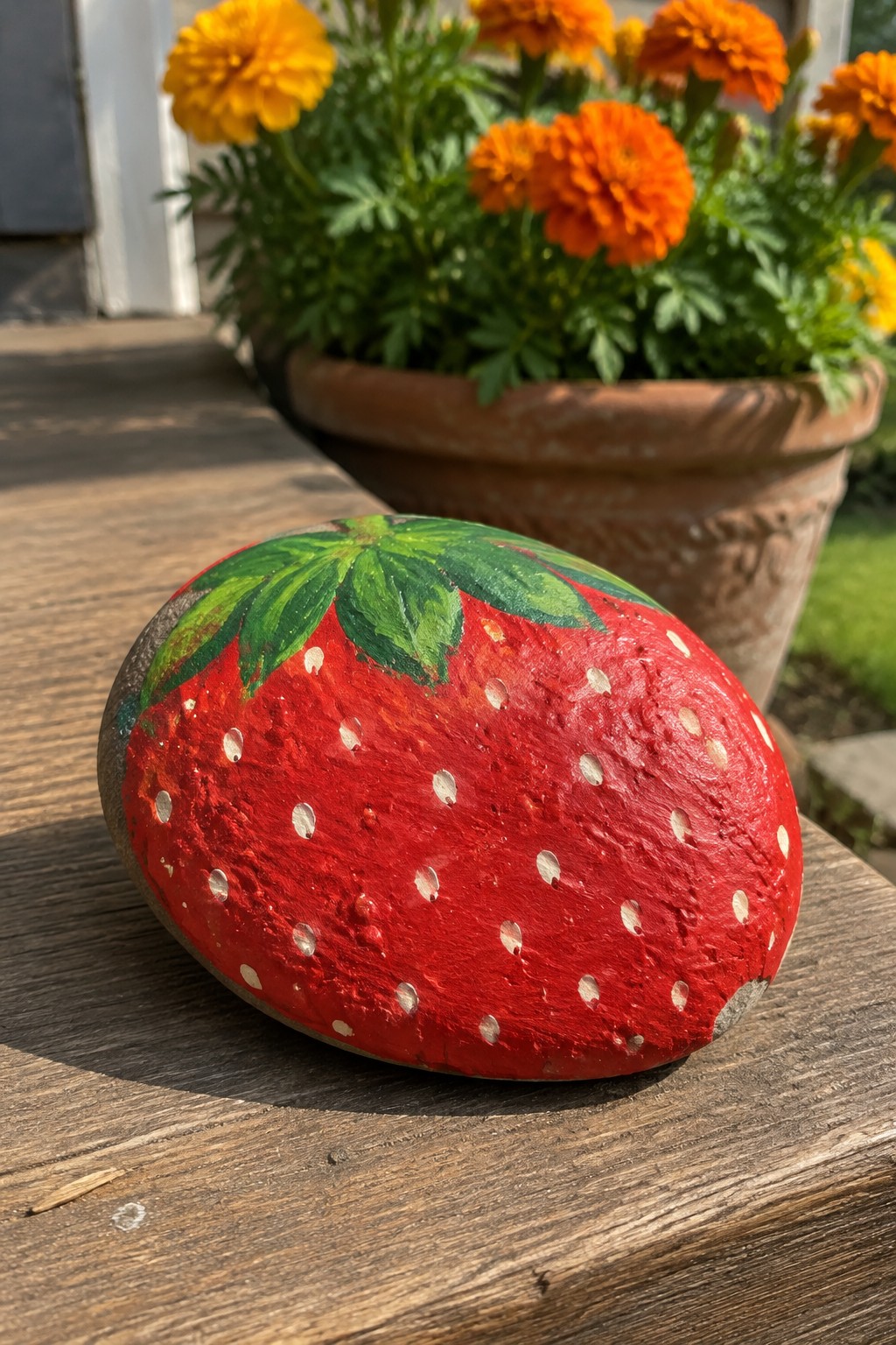 Red strawberry painted rock with white seeds and green leaves on wooden deck