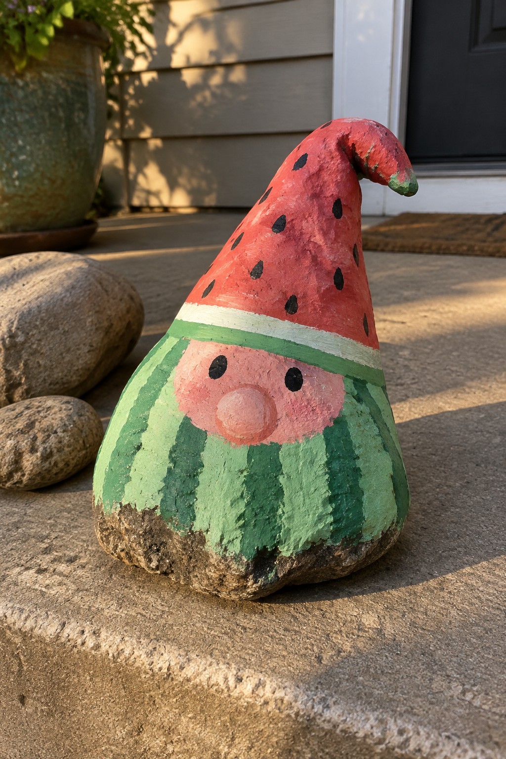 Painted rock watermelon gnome with red seeded hat, green stripes, and pink face