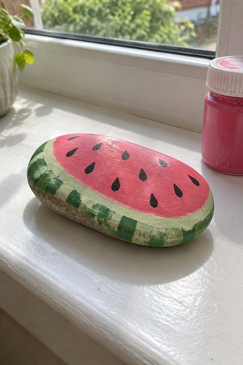 Watermelon-painted rock on white windowsill beside pink paint jar and potted plant